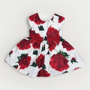 Gymboree Baby Girl Christmas Dress 6-12 Months Red Floral Print Taffeta Bows